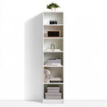 Orevico white wooden tall narrow bookshelf filled with books and decorative items, ideal for home or office storage.